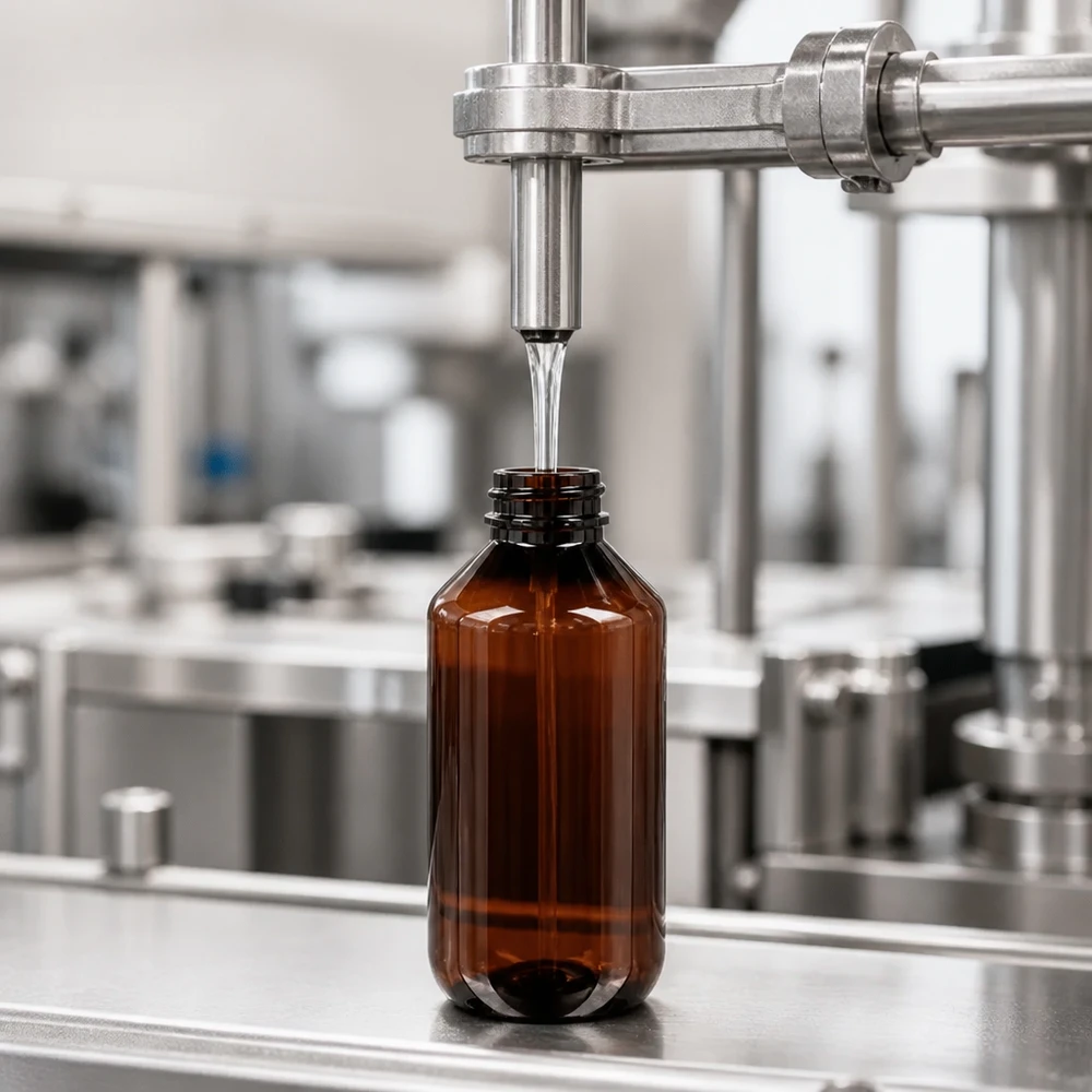 200 ml PET medicijnfles met verstuiver wit GCMI 28/410 incl. dop transparant, standaard PET Flasche 200ml in Braun bei professioneller maschineller Abfüllung im Reinraum