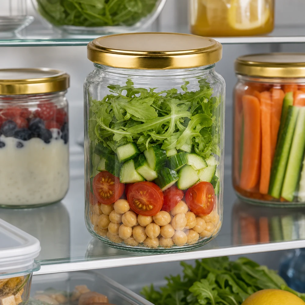 382ml rond glas met BasicSeal deksel goud UNiTWIST 382ml Rundglas mit goldenem Deckel für frische Salate im Kühlschrank - perfekte Meal Prep Aufbewahrung