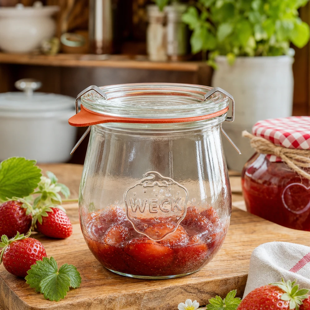 220ml tulpenglas compleet WECK RR60 WECK tulpenpot 220ml gevuld met aardbeienjam op een houten plank in een gezellige keuken met verse aardbeien