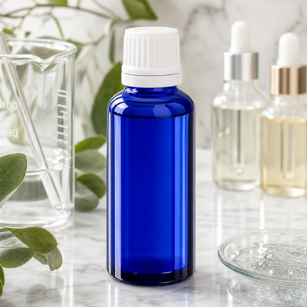 Smalle, cilindrische druppelfles van 30 ml in kobaltblauw met witte originele dop van ApoGlas