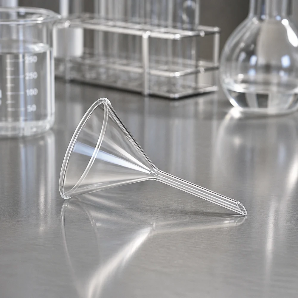 Compacte trechter met korte steel 55 mm van robuust natronkalkglas voor laboratorium- en huishoudelijk gebruik