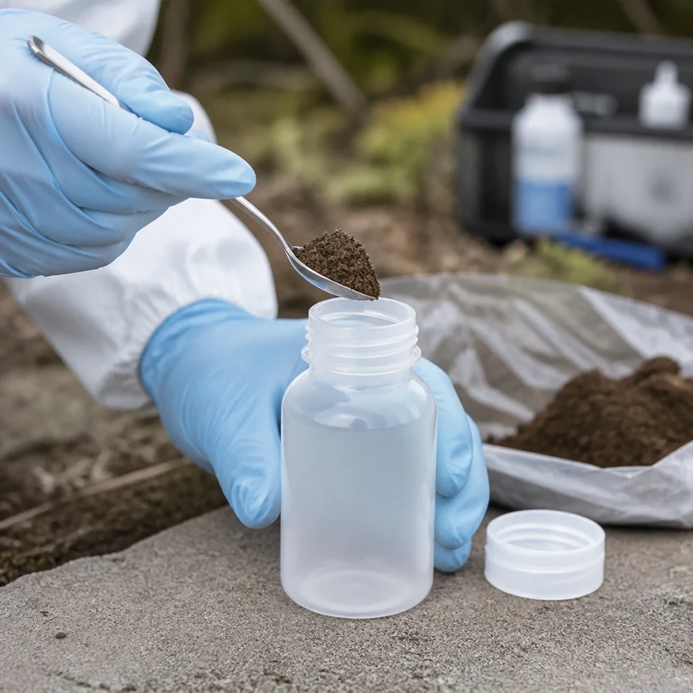 Gebruik in het veld met een laboratoriumfles met wijde hals van 100 ml voor het veilig bewaren van bodemmonsters