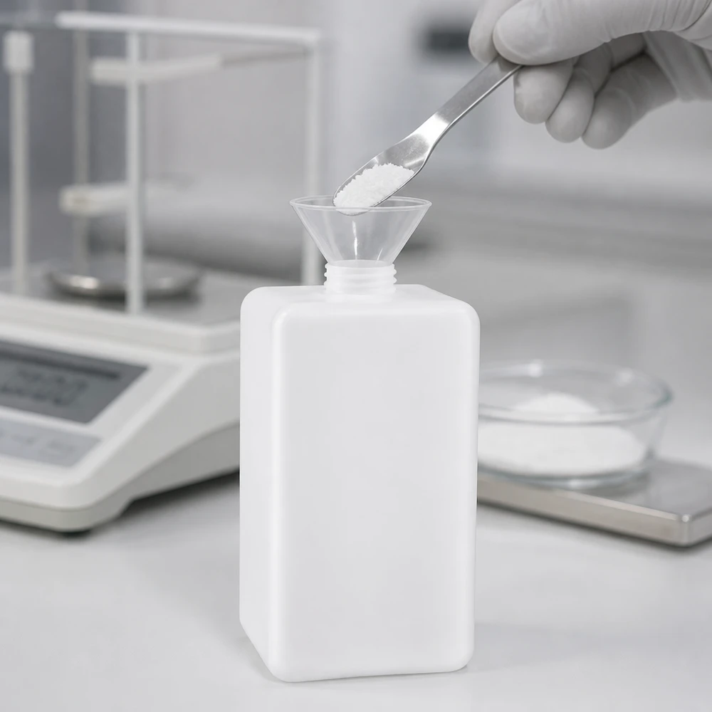 Chemicaliënfles 1500 ml, nauwe hals Rechthoekige chemische fles van 1500 ml PE-HD met spatel, doseerinstrument en analyseweegschaal
