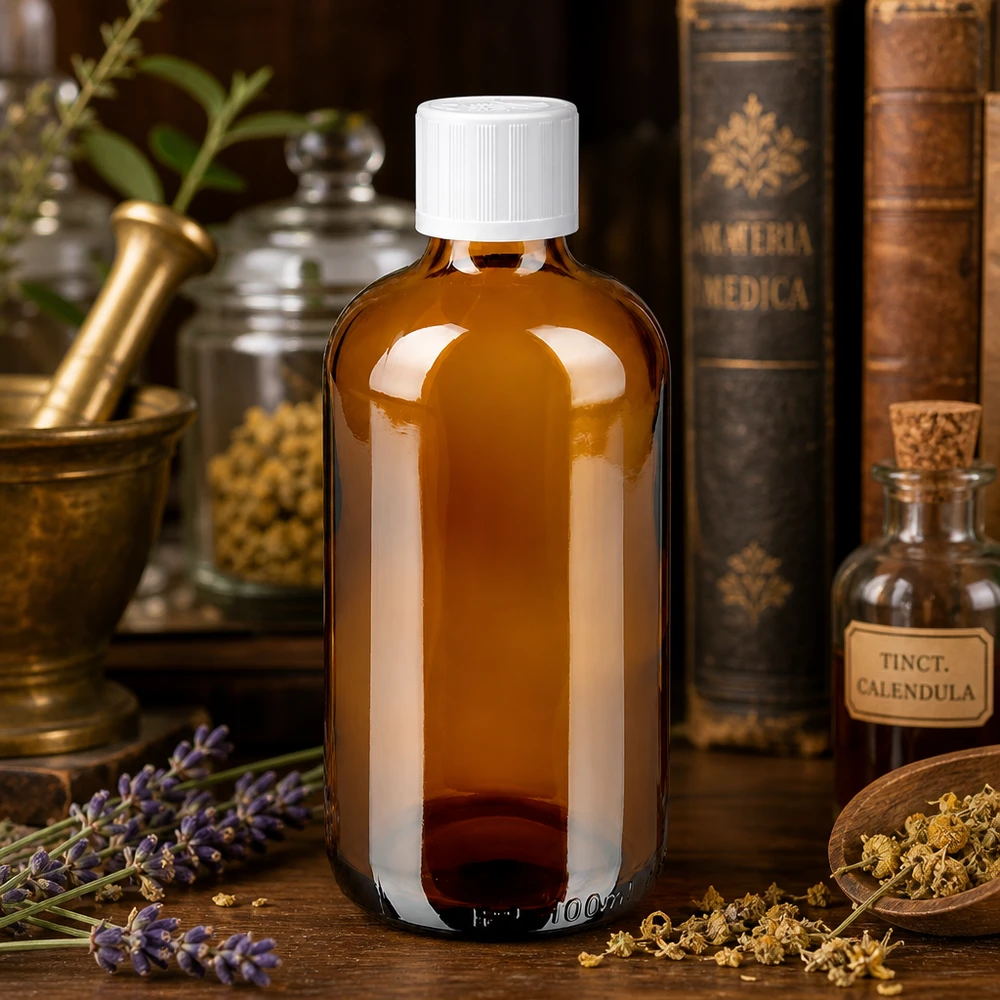 Apotheekflesje van 100 ml, bruin glas, witte schroefdop, met vijzel en stamper, apotheek
