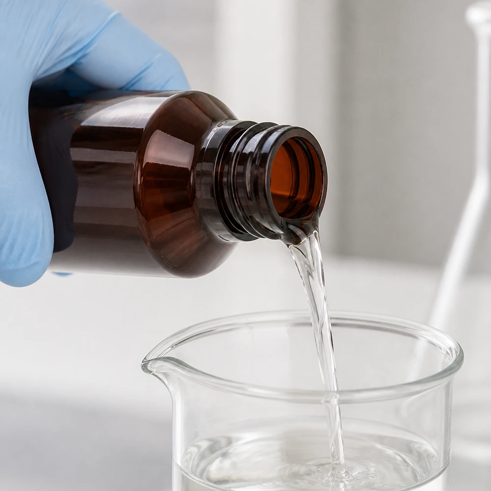 Professioneel overgietproces met een bruine PET-fles van 50 ml en een rode ontgassingsdop