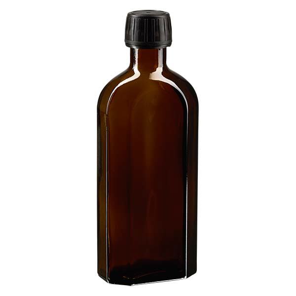 250 ml bruine meplatfles met PP 28 monding, inclusief schroefsluiting DIN 22 zwart van EPE 250 ml bruine meplatfles met PP 28 monding, inclusief schroefsluiting DIN 22 zwart van EPE