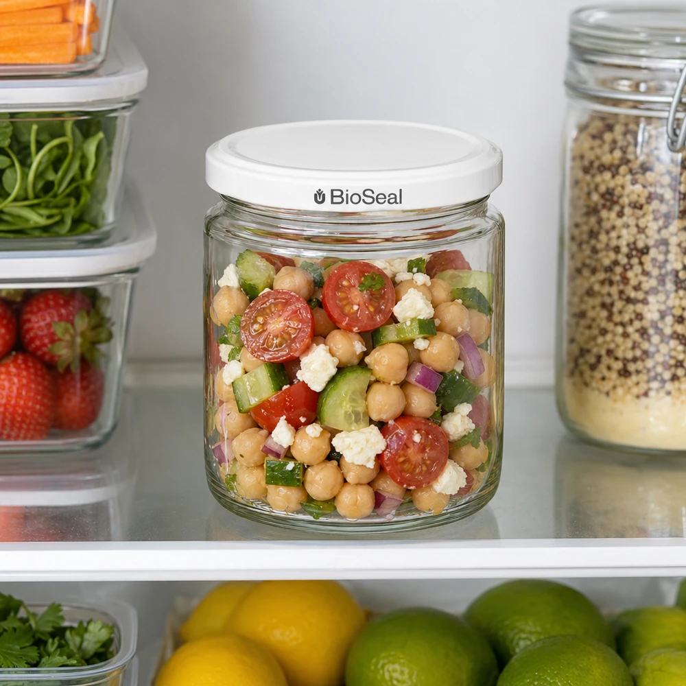 250 ml honingpot met BioSeal deksel in koelkast gevuld met kikkererwtensalade tussen bewaarbakjes met fruit