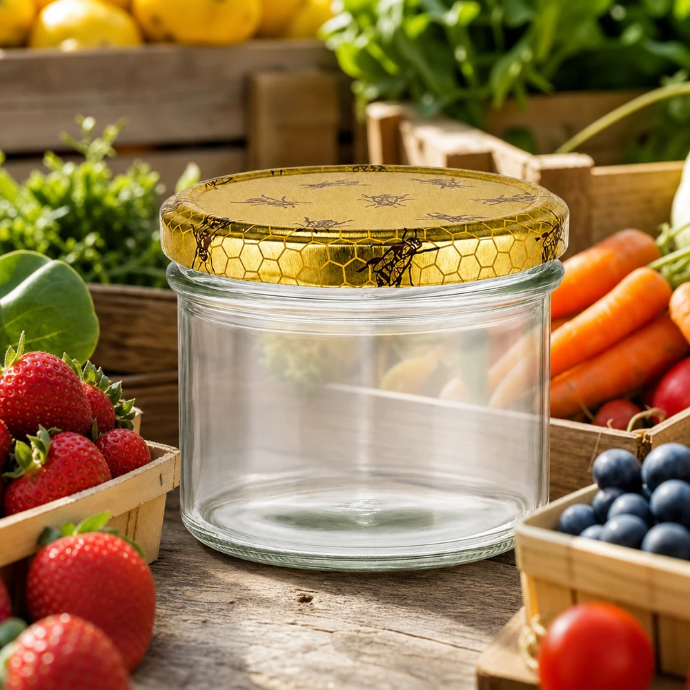 225ml lege mason pot met honingraat deksel omringd door vers fruit groenten rustieke keuken inmaakpot