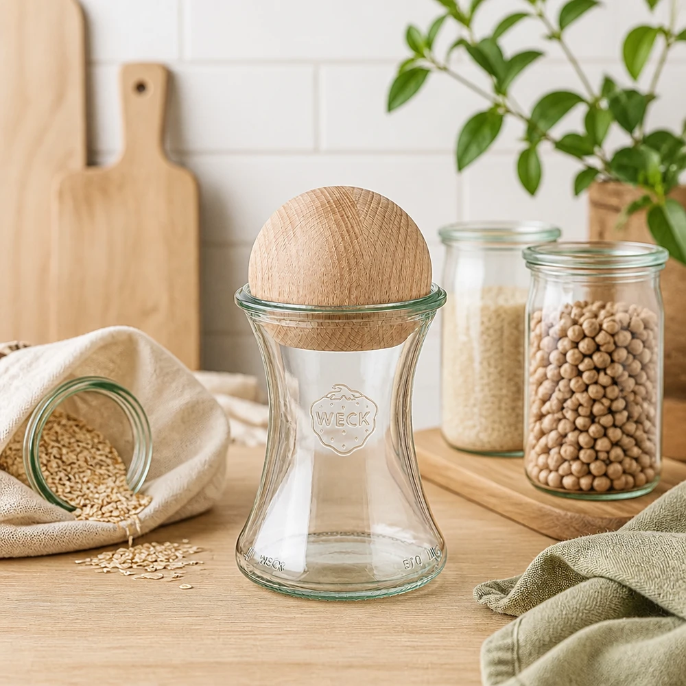 WECK inmaakpot 370ml RR80 houten bol beuken keuken peulvruchten granen duurzaam bewaren voorraadpotten