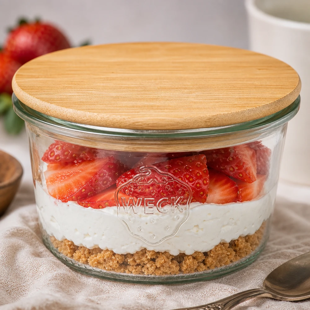 WECK-mini stortglas 80ml met hout deksel WECK pot 80ml RR60 bamboe deksel gelaagd dessert aardbeien yoghurt biscuit basis single serving