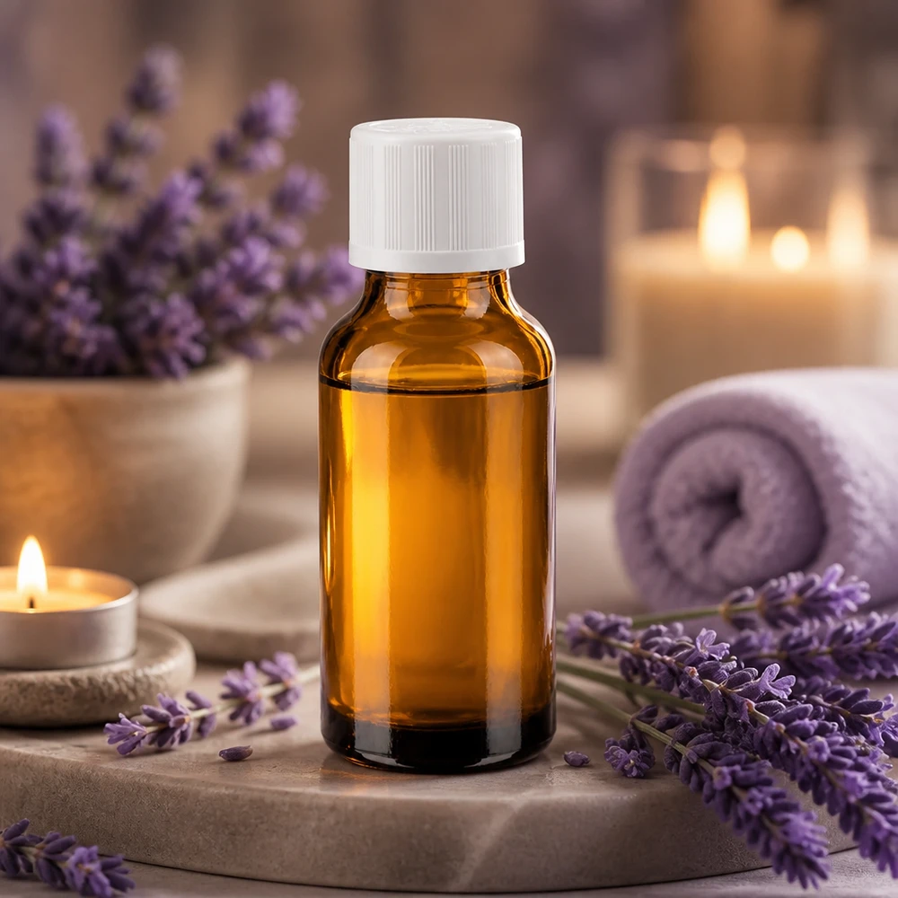 Compacte bruine glazen fles van 20 ml met een witte schroefdop, ideaal voor het bewaren van aromatische oliën