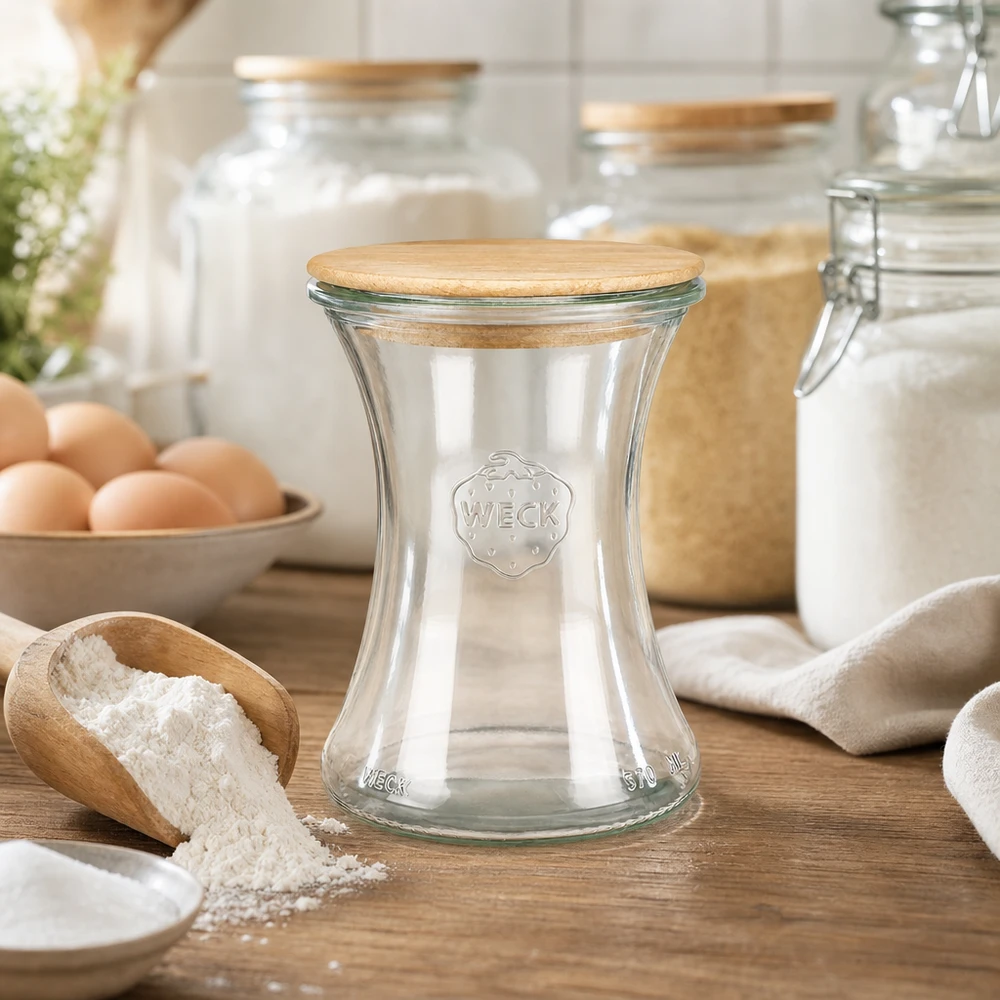 WECK delicatessenpot 370ml RR80 met houten deksel op houten werkblad naast bloem, eieren en bakingrediënten in keuken