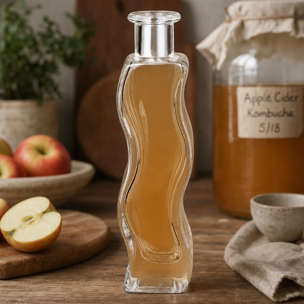100 ml glazen fles Melissa zonder sluiting UNiTWIST® Glazen fles Melissa 100ml gevuld met appelciderazijn in natuurlijke keuken met verse appels en Kombucha glas