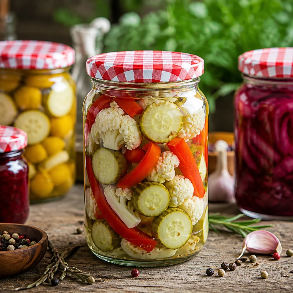 1062ml ronde pot BasicSeal deksel met ingemaakte gemengde groenten Bloemkool Komkommer Paprika Inmaakpot Fermentatie