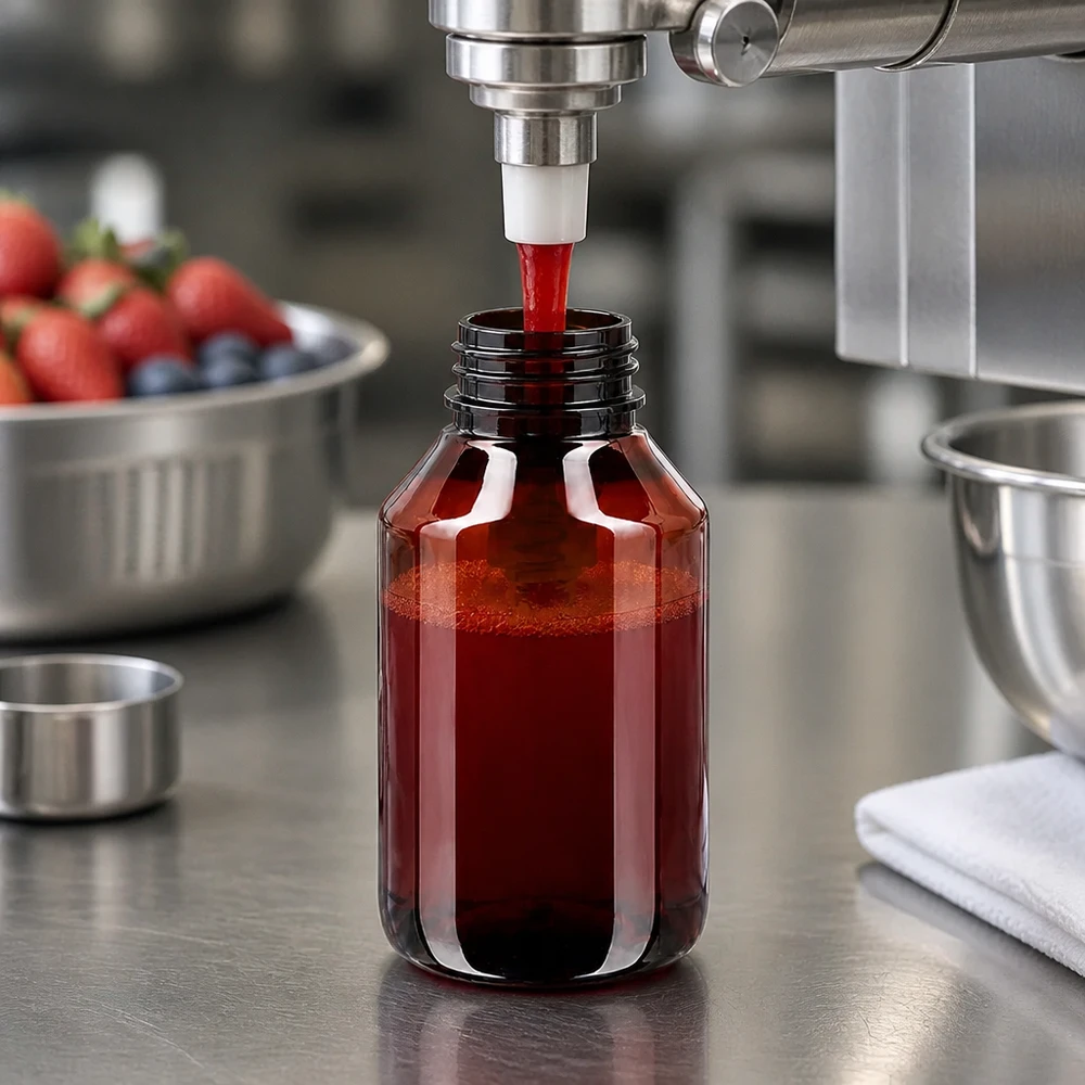 Befüllung einer kleinen PET Flasche mit Beerensaft in professioneller Produktionsumgebung