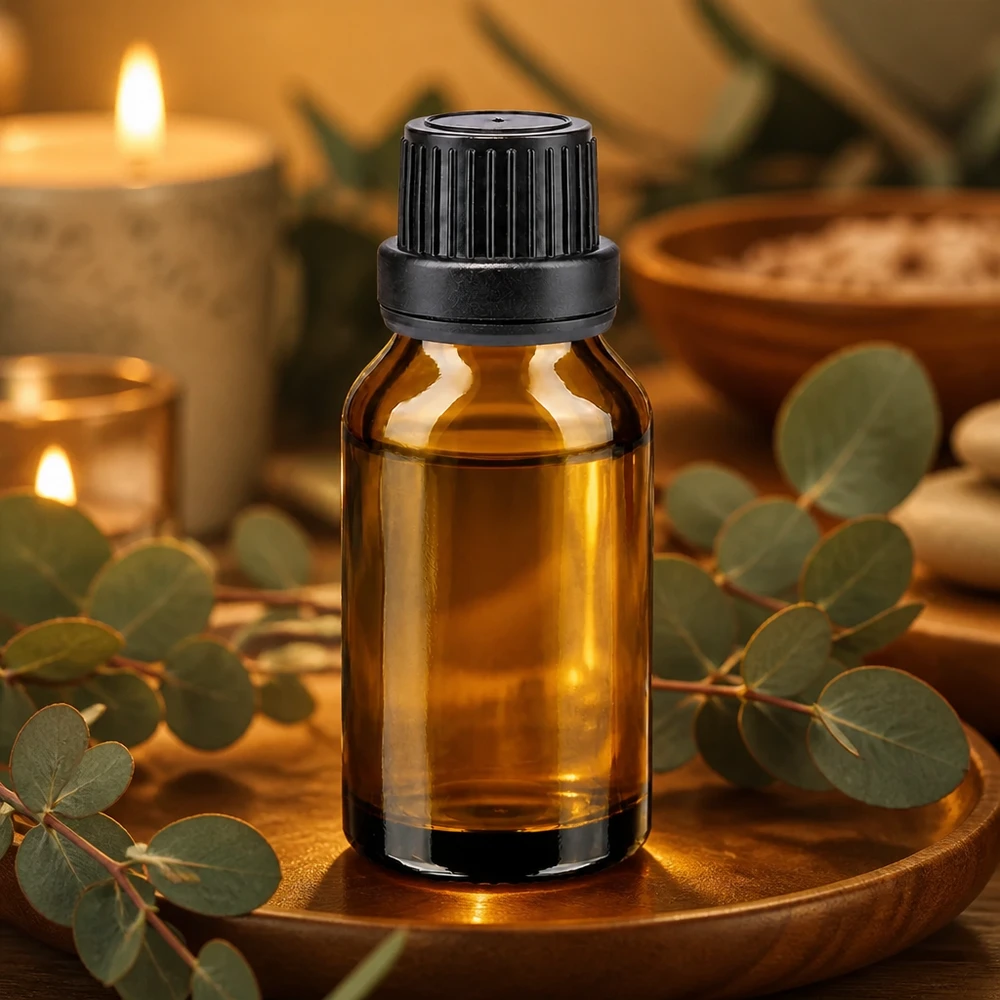 Druppelflesje van 15 ml van bruin glas met een zwarte schroefdop en de originele dop