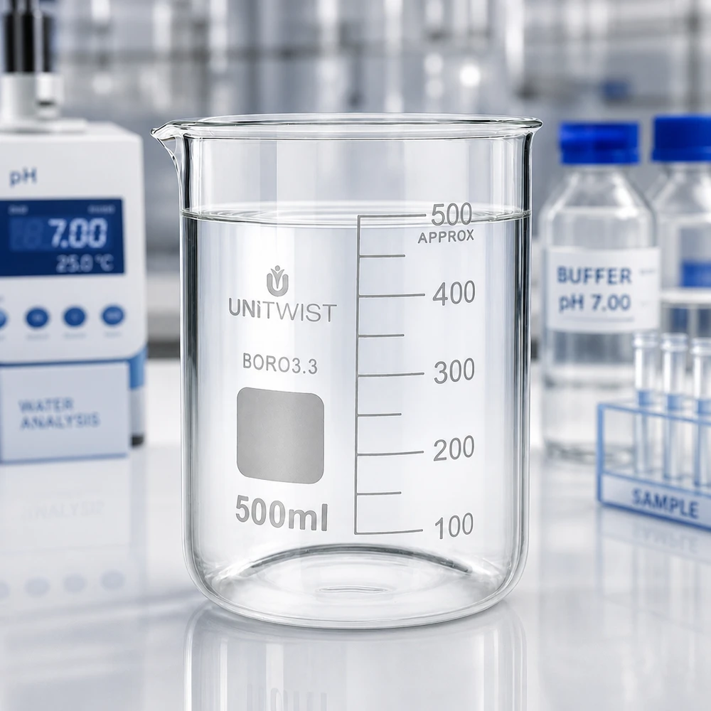 Beker 500ml borosilicaat, lage vorm UNiTWIST UNiTWIST bekerglas 500 ml, borosilicaat, laag model, naast buffer pH 7,00 kalibratieoplossing