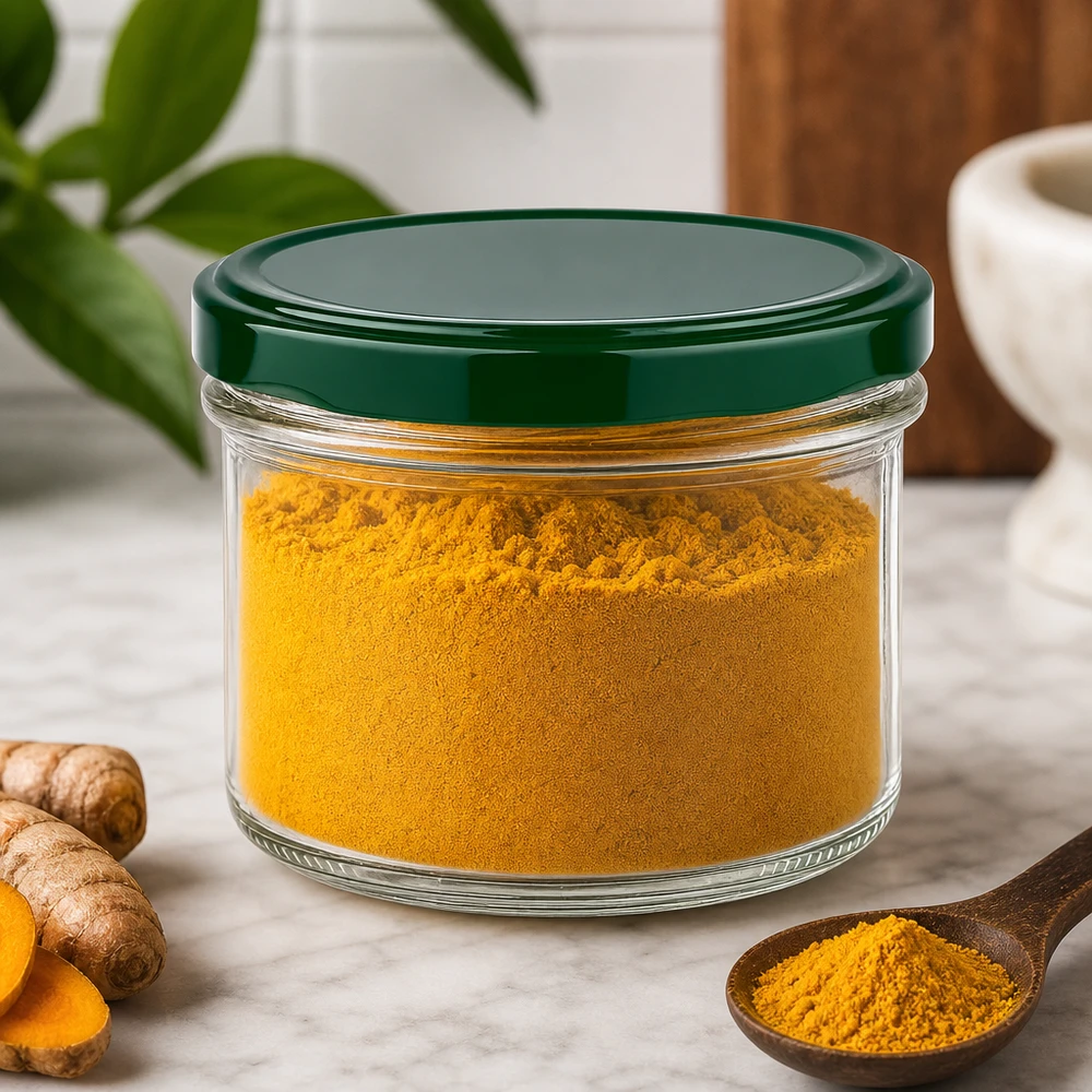 225ml bekers met BasicSeal deksel groen UNiTWIST Sturzglas 225ml mit grünem Deckel gefüllt mit Kurkumapulver zeigt praktische Küchenaufbewahrung für Gewürze