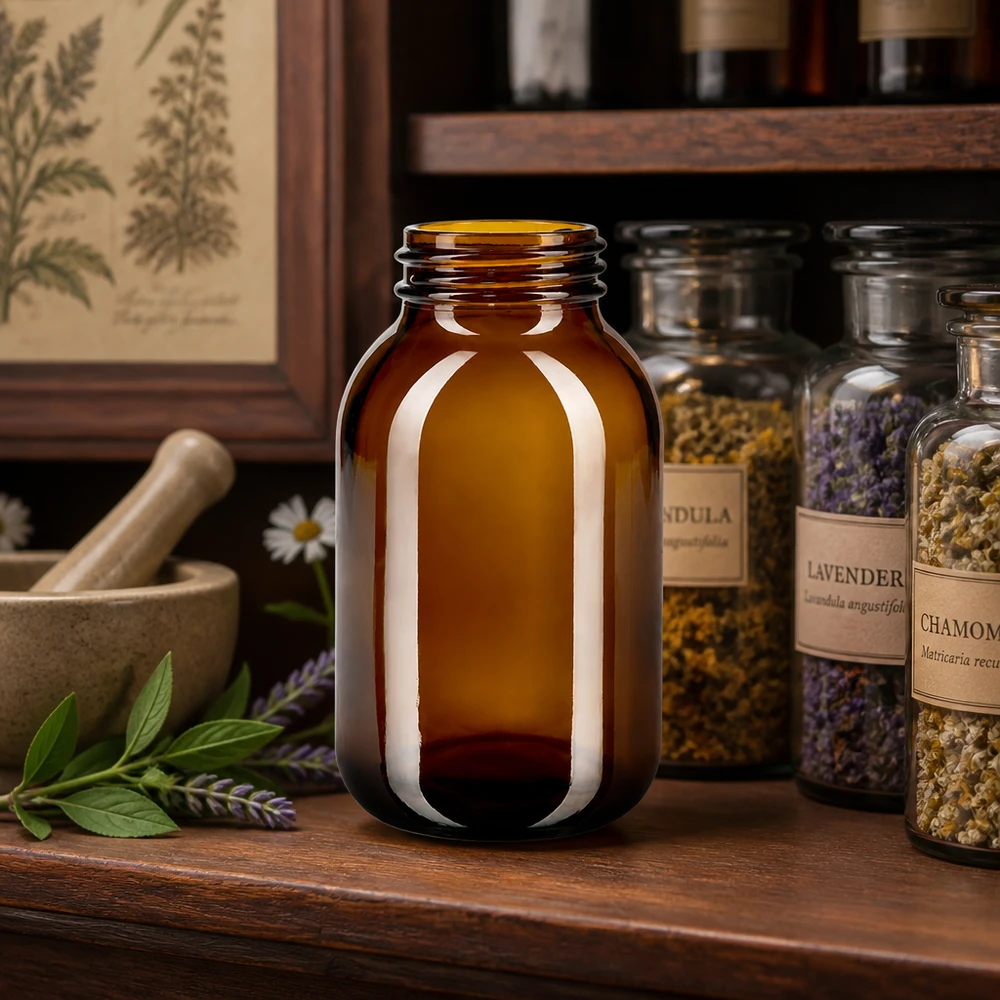 Bruin glazen flesje 500ml met wijde opening voor kruiden en natuurlijke remedies