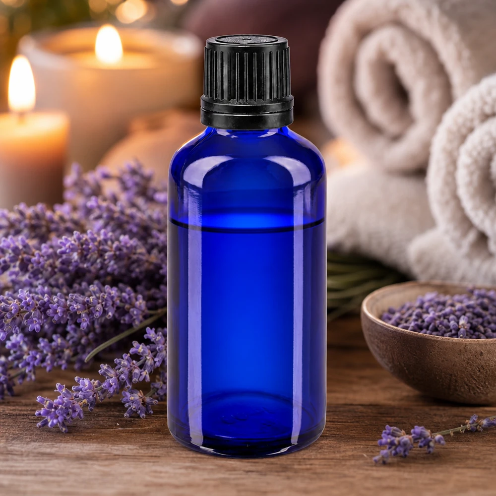 Kleine blauwe apothekersfles van 50 ml met druppelaar, UV-beschermend glas en doseerdop