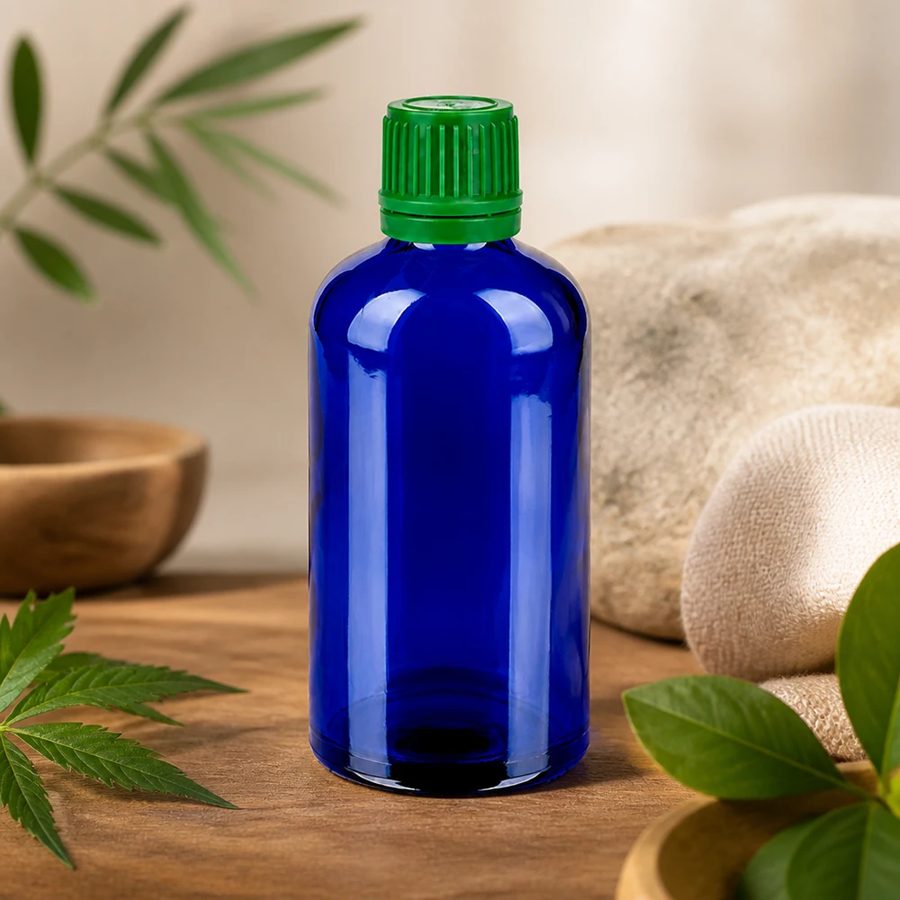 100ml fles 11mm SV groen OV BlueLine UT18/100 Duurzame glazen fles 100ml kobaltblauw met herbruikbare groene schroefdop