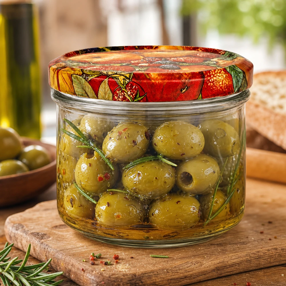 Fruitdecoratiepot 225 ml gevuld met gemarineerde olijven, conserveringspot voor mediterrane antipasti en delicatessen