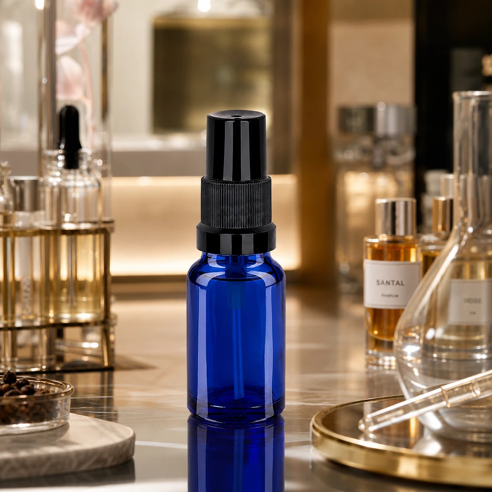 10ml spuitflesje zwart STD BlueLine UT18/10 10ml STD BlueLine UT18/10 spuitfles van UV-beschermend blauw glas met pompmechanisme
