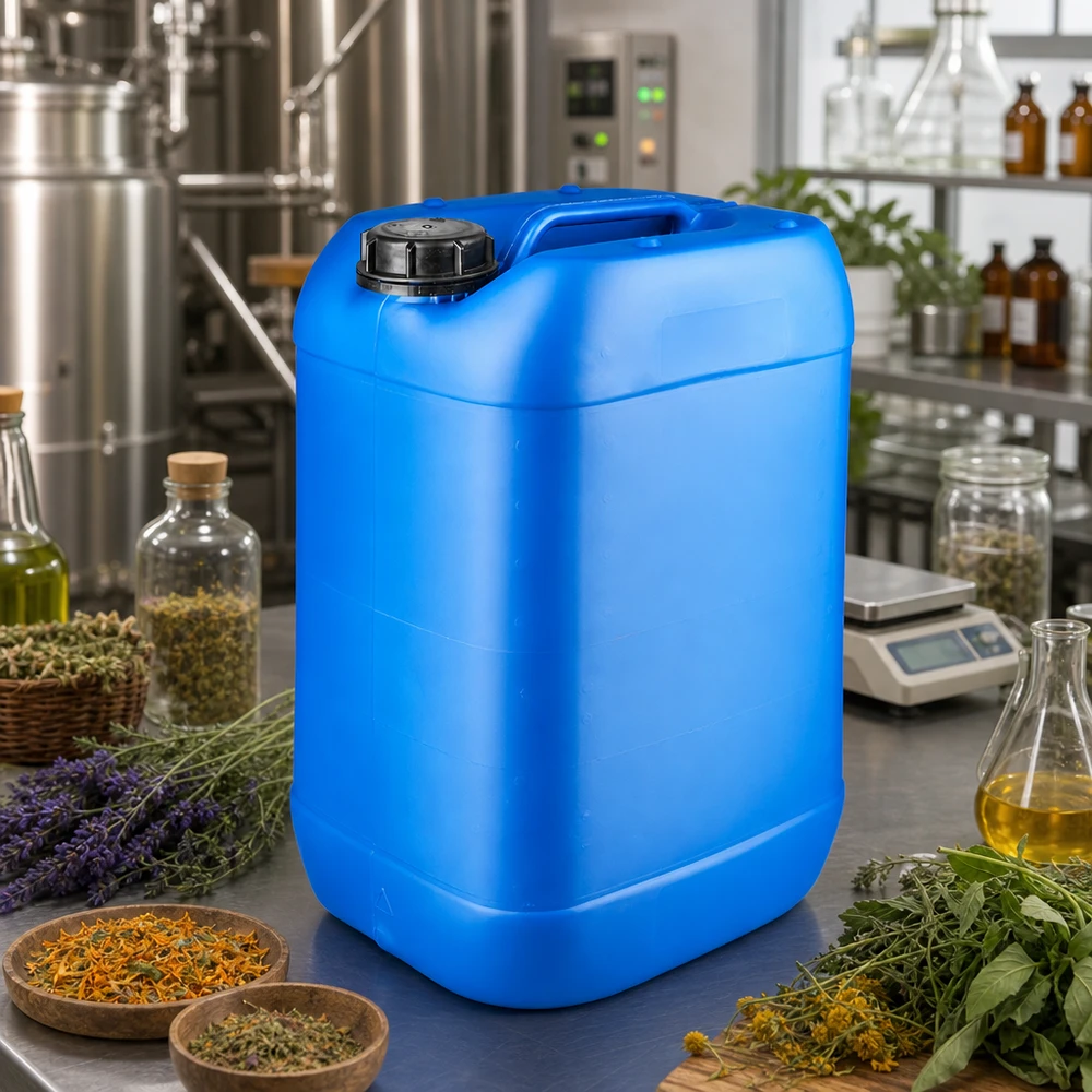 Canister 25 liter blauw met schroefdop OV Blauwe jerrycan van 25 liter met OV-schroefdop voor de opslag van hydrolaten en natuurlijke extracten