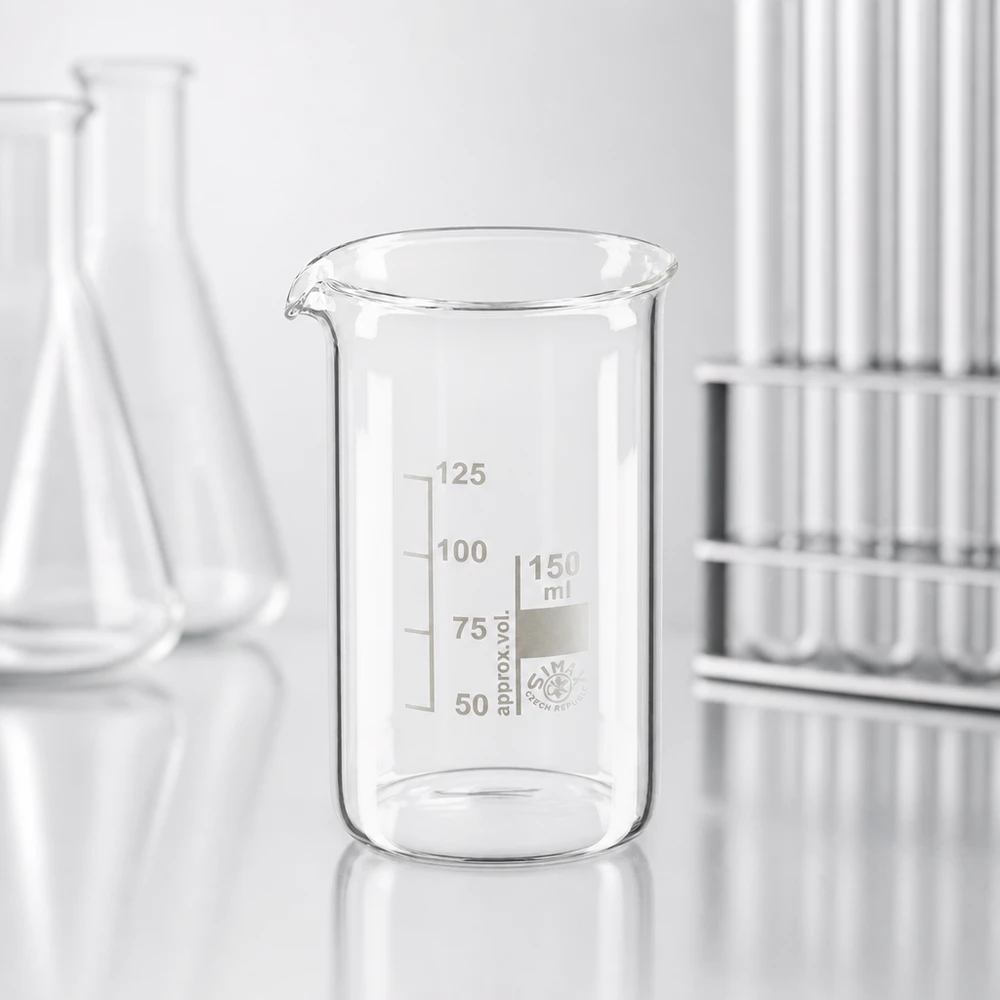 Bekerglas 150 ml, hoge cilindrische vorm, dikwandig borosilicaatglas voor chemische toepassingen