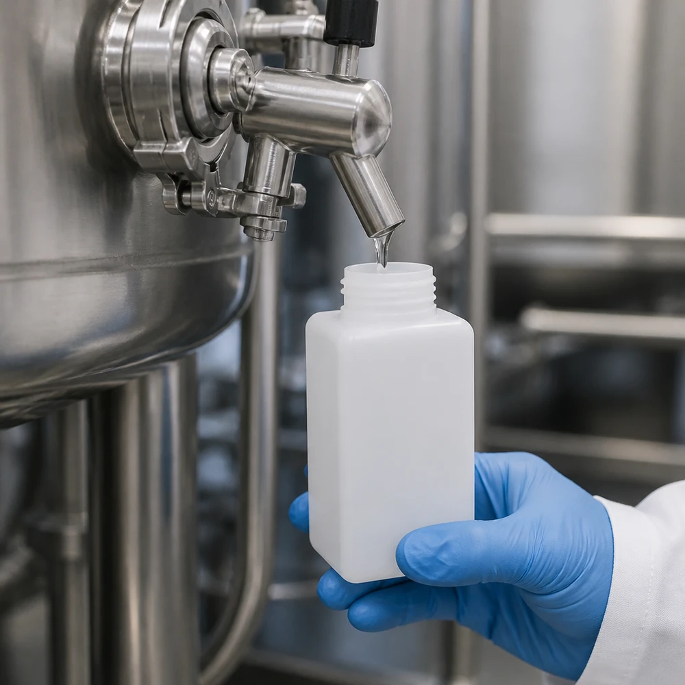 Chemische bemonstering met een 1500 ml PE-HD-fles met brede hals in natuurlijke kleur, voorzien van een roestvrijstalen ventiel