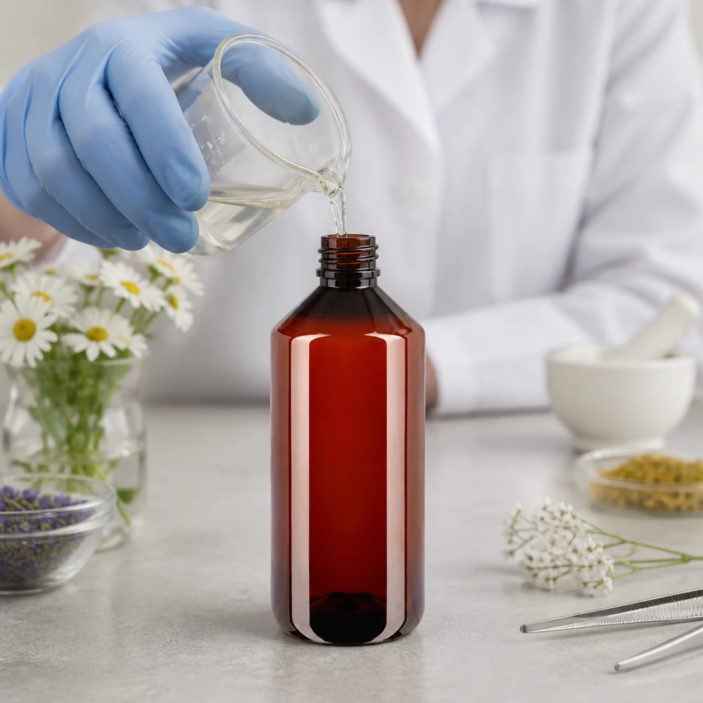 Ronde PET-fles van 1000 ml met bruinglaslook beschermt de inhoud tegen UV-licht in laboratoriumomgevingen