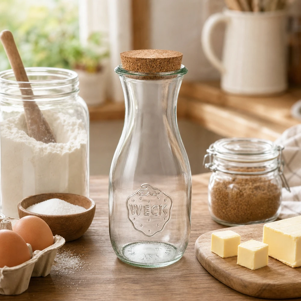 WECK sapfles 530ml met kurk in gezellige keuken naast bakingrediënten bloem eieren boter op houten tafel