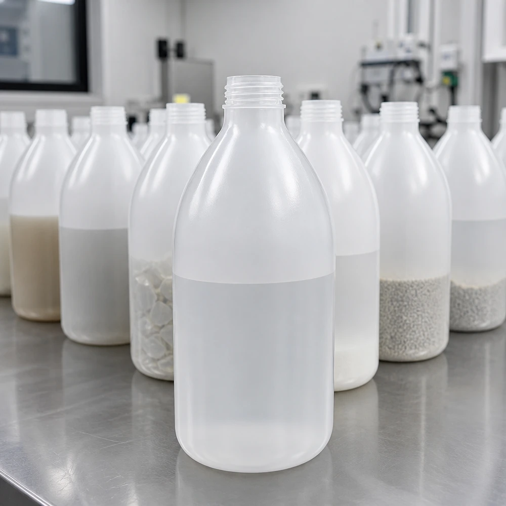 Lege en gevulde laboratoriumflessen van 1000 ml met smalle hals, vervaardigd uit HDPE, in een professioneel laboratorium
