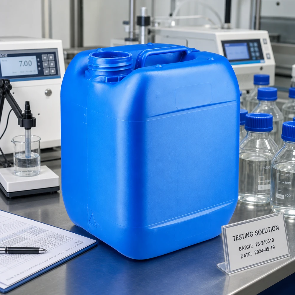Rechthoekige blauwe jerrycan van 5 liter zonder deksel op een roestvrijstalen laboratoriumtafel met pH-meter