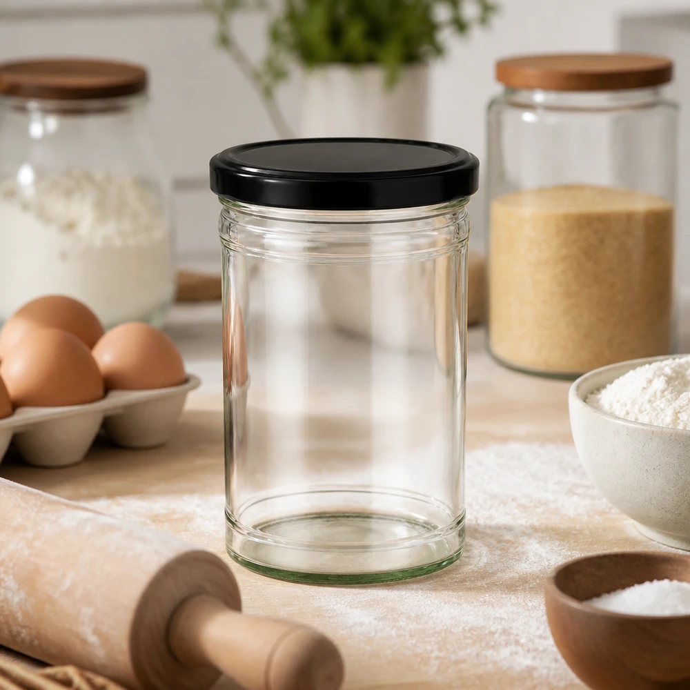 Lege 1053ml bekers met zwart deksel in keuken met eieren bloem deegroller voor bakken en koken