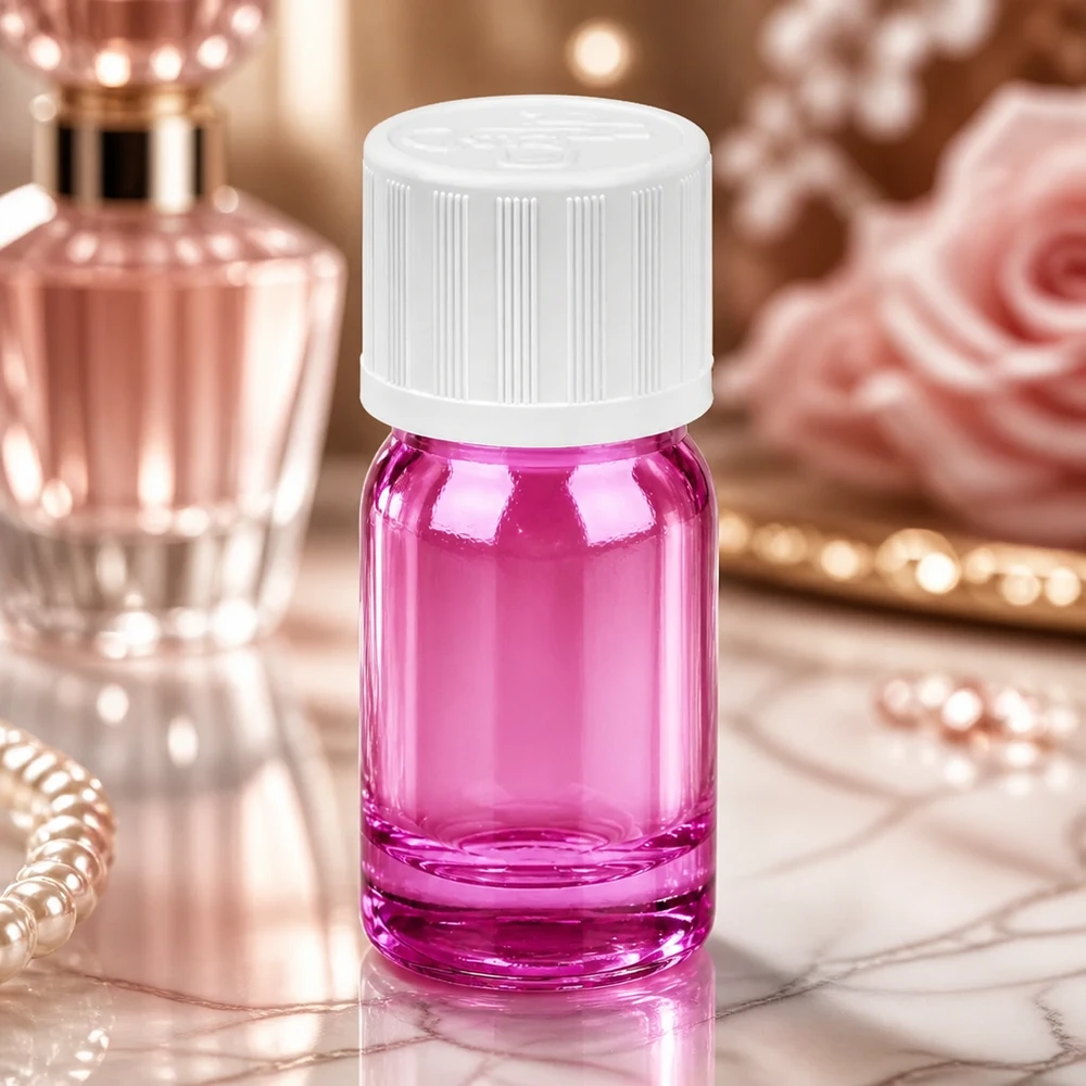 5ml druppelfles 1.2mm wit standaard kindveilige PurpleLine. UT18/5 Premium druppelflesje 5ml in paars met witte dop voor laboratoriumtoepassingen en cosmetische producten