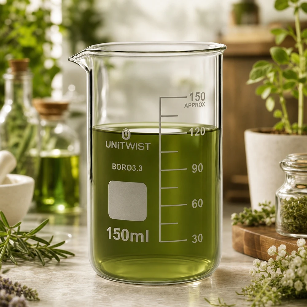 Becherglas 150 ml UNITWIST Boro3.3, hoog model met milliliterschaal en groene plantaardige oplossing