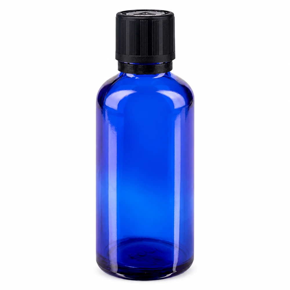 Cilindrische blauwe glazen fles van 50 ml met kindveilige zwarte dop en doseereenheid van 1 mm
