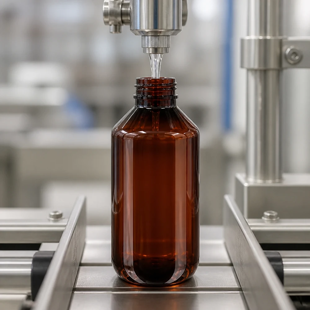 50 ml PET medicijnfles met verstuiver zwart GCMI 28/410 incl. dop transparant, standaard Lichtbestendige fles van 200 ml, gemaakt van bruin PET, voor lichtgevoelige vloeistoffen, met rode buitenverpakking