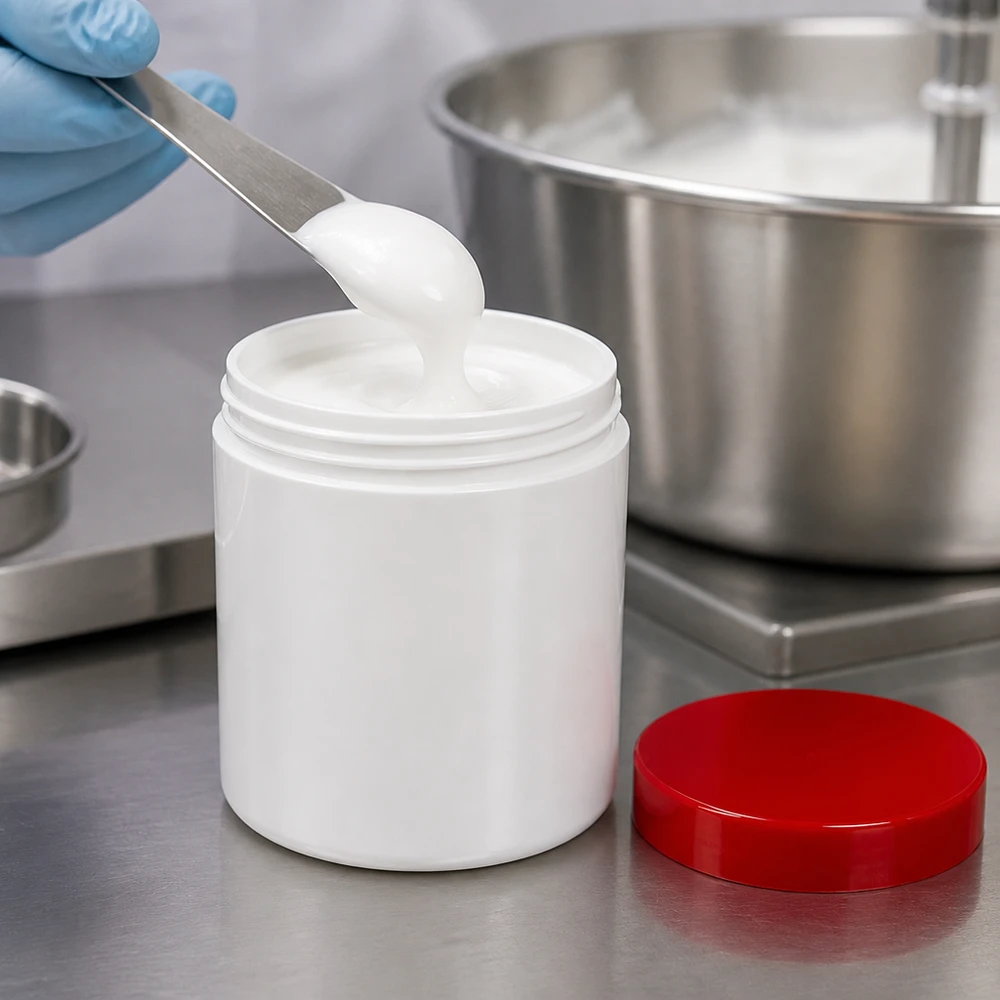 Zalfpot 30 g wit met rood schroefdeksel (PP) Het vullen van een zalfpotje van 30 g met witte emulsie in het laboratorium, met beschermende handschoenen aan