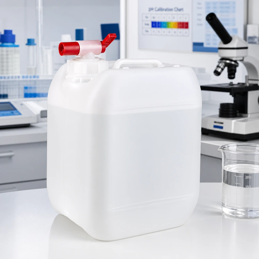 Witte vierkante jerrycan van 5 liter met draaisluiting en doseerkraan voor laboratoriumtoepassingen