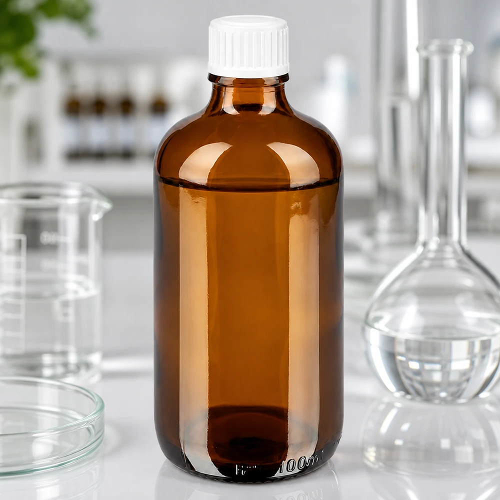 Professionele bruine glazen fles van 100 ml voor farmaceutische toepassingen in een laboratoriumomgeving