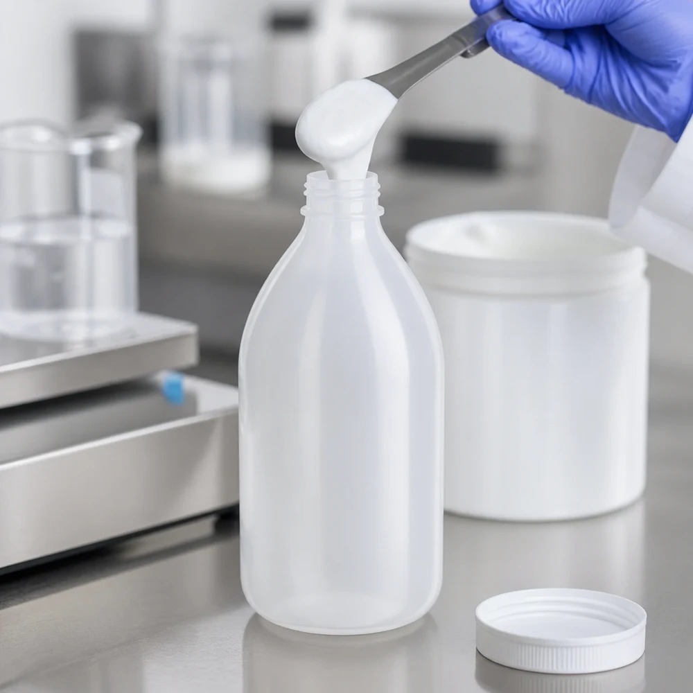 Nauwkeurig afvullen van een viskeuze witte substantie in een kunststof laboratoriumfles met smalle hals van 500 ml