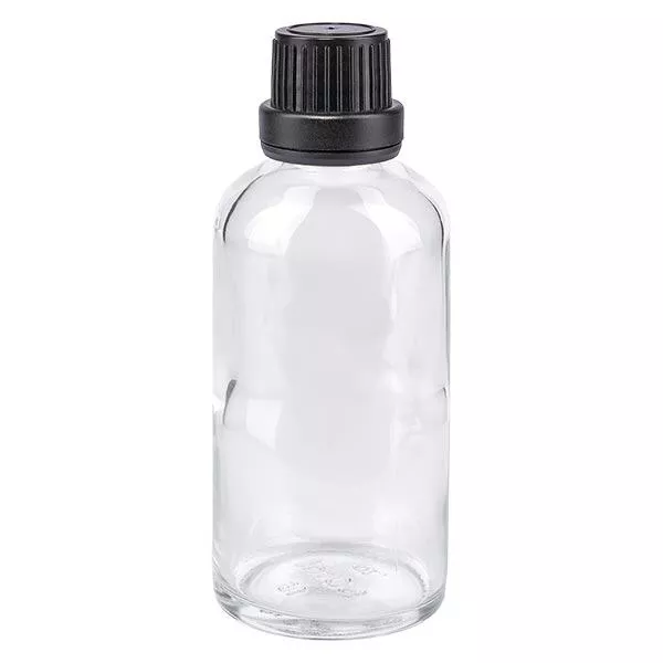 Helder glazen flessen 50ml met zwart druppelsluiting 2mm VR