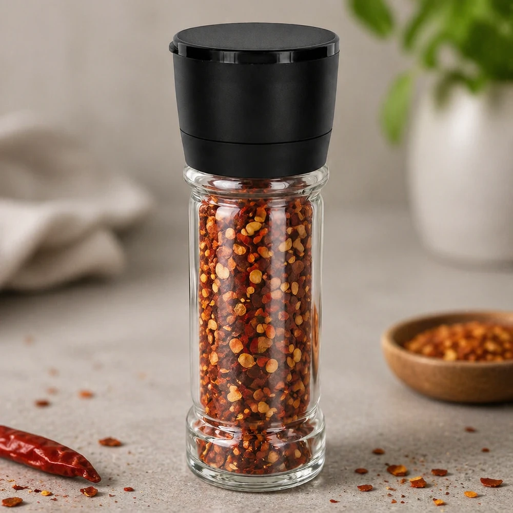 Zout-/kruidenpotje 100 ml met molen Vario zwart Kruidenpotje van 100 ml met zwarte draaimolen, gevuld met chilivlokken op een grijze achtergrond