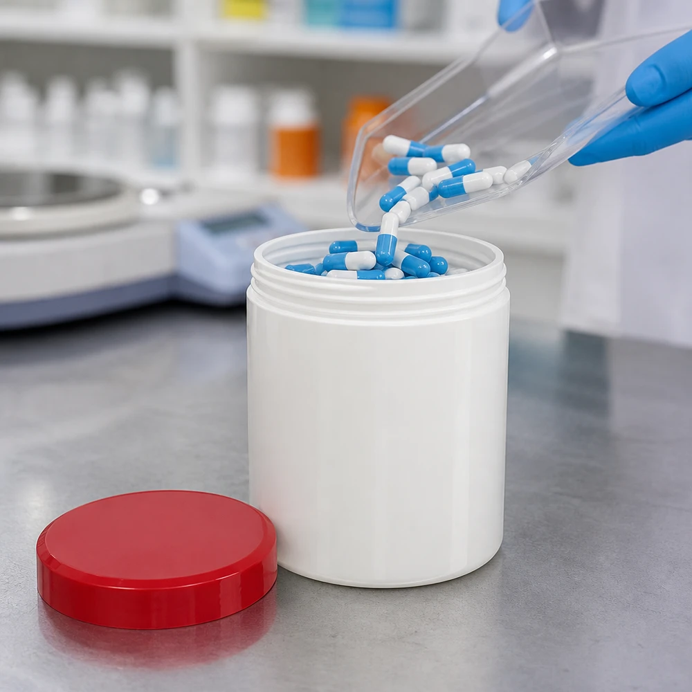 Witte plastic pot van 30 g voor capsules en tabletten, met rode schroefdop (geopend)