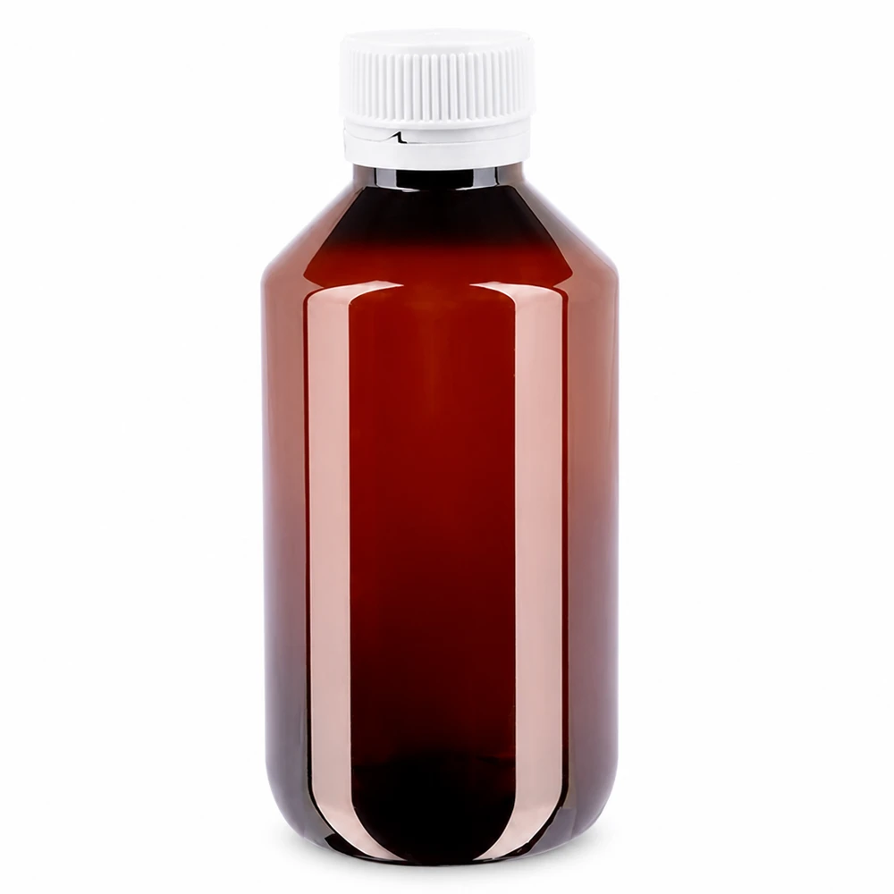 PET-fles 200ml met wit geribbeld OV Ronde bruine PET-fles van 200 ml met witte, geribbelde verzegeling, leeg