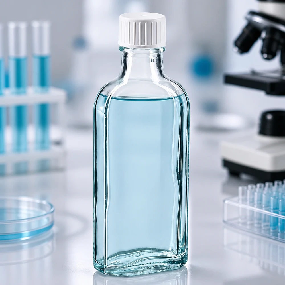 Rechthoekige, doorzichtige glazen fles van 100 ml (Meplat) met schenkring, naast een petrischaal en een microscoop