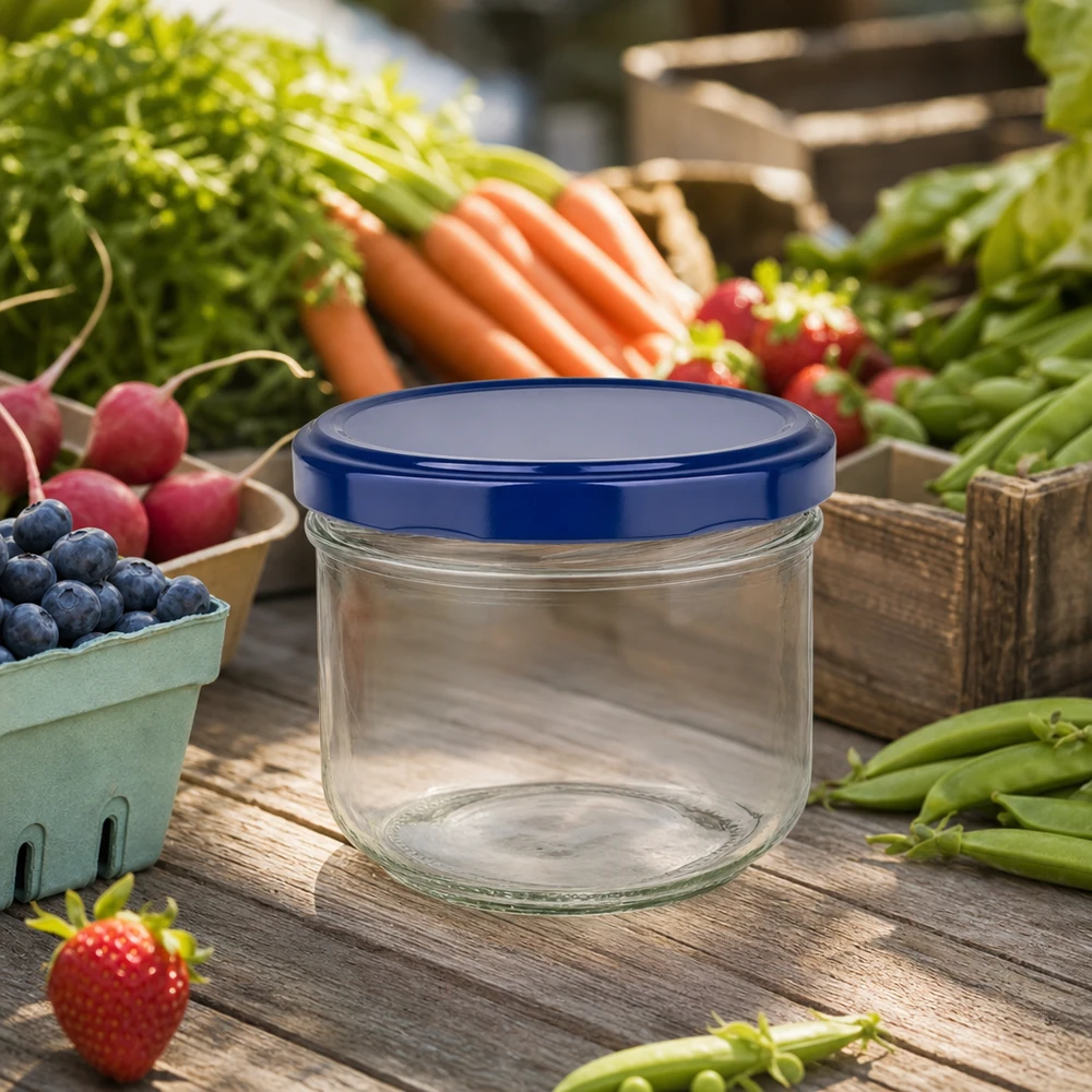 260ml bekers met BasicSeal deksel blauw/wit UNiTWIST 260ml Sturzglas BasicSeal blau leer auf Holztisch mit frischem Obst und Gemüse - perfekt für Marmelade und Konserven