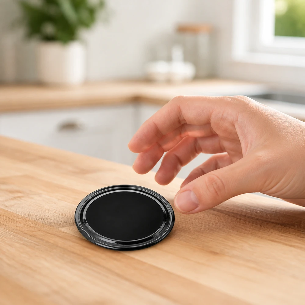 63 mm BasicSeal-deksel, zwart (TO63) UNiTWIST Glanzend zwarte TO63 BasicSeal-schroefdop van 63 mm op een eikenhouten aanrecht
